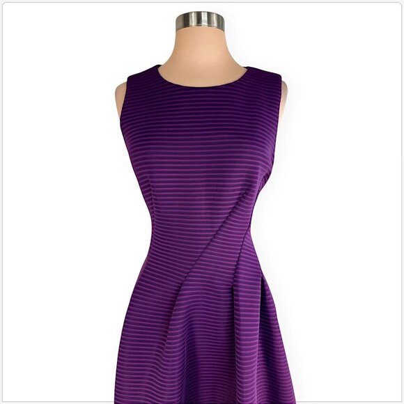 Calvin Klein Purple Stripe Fit and Flare Swirl Seam Scuba Dress NWT New 8 10 ? - Picture 3 of 5